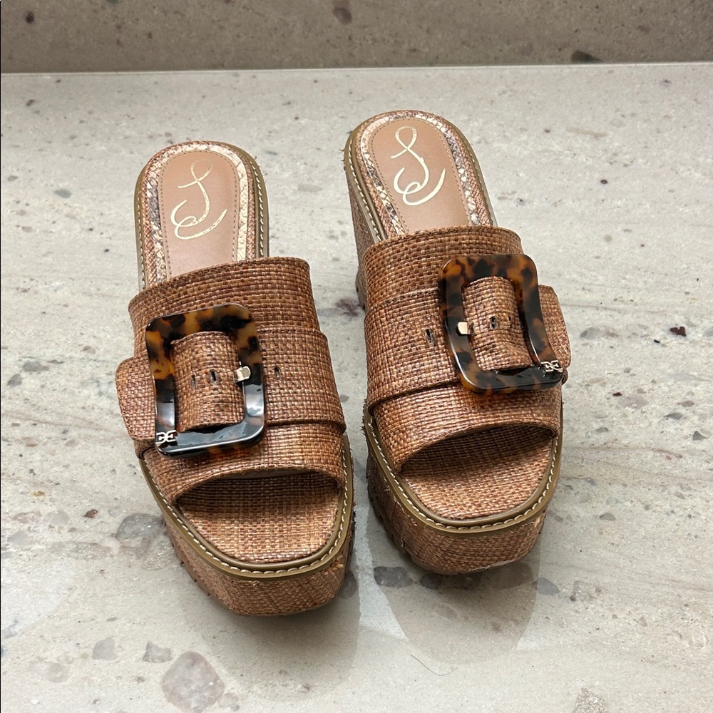 Sam Edelman Tan Woven Mules with Tortoise Buckle